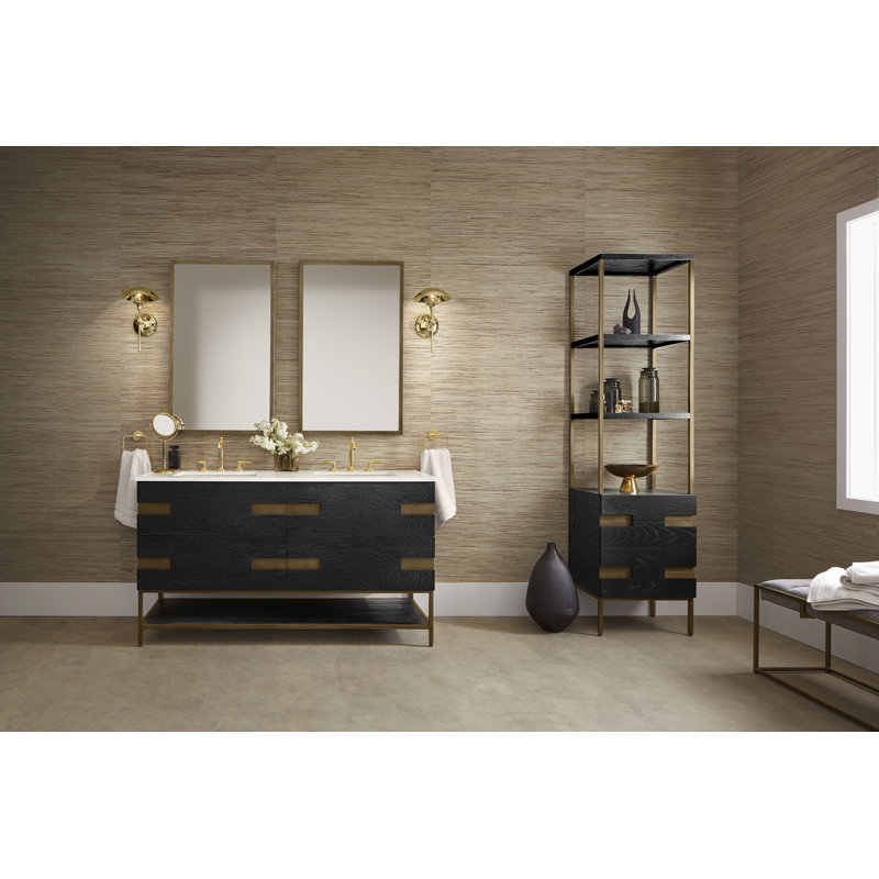 Sendai Freestanding Linen Cabinet, Matte Black Oak/Aged Brass