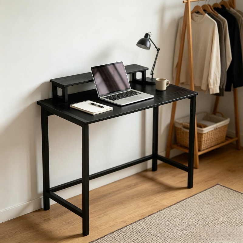 Bureau d'ordinateur pliable noir avec support pour écran, poste de travail compact pour petits espaces à domicile