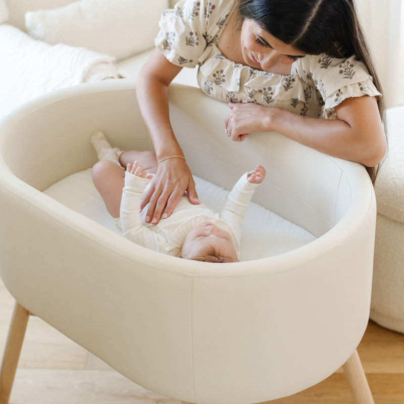 Ivory Vegan Leather and Wood Modern Bassinet