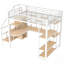 Lit mezzanine en métal avec escalier de rangement et petite armoire, bureau intégré et tablettes de rangement