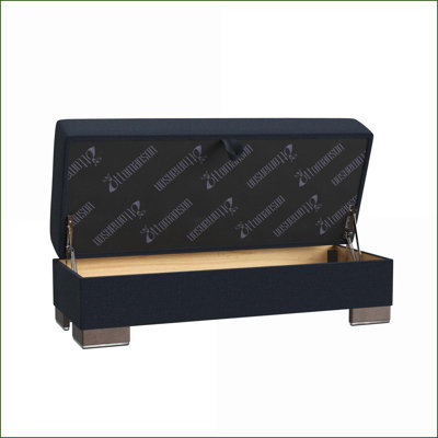 Repose-pieds avec rangement, chenille bleu marine pour studio / dortoir / salon | Noyer brun | Bois