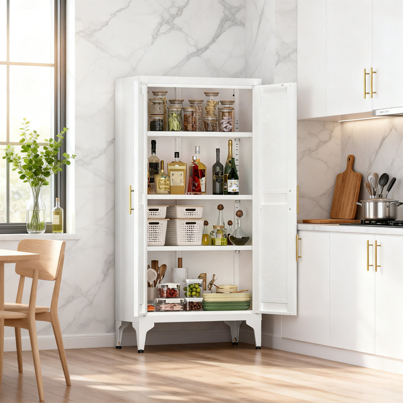 Armoire de rangement entièrement en acier 2 portes, grand garde-manger avec tablettes réglables, portes magnétiques pour la cuisine, la chambre à coucher et le bureau