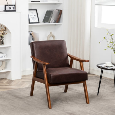 Chaise d'appoint de salon en microfibre brun foncé et cadre en bois massif, design Mid-Century moderne pour une chaise relaxante élégante avec revêtement, petits espaces parfaits dans l'entrée ou le vestibule