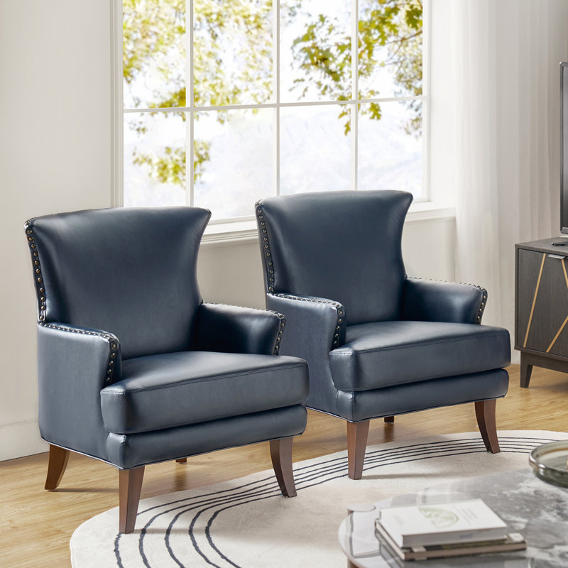 Awad Vegan Leather Wingback Armchair, Navy Faux Leather