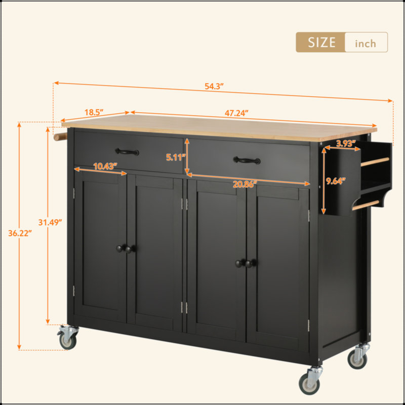 Chariot pour îlot de cuisine avec plateau en bois massif et roues verrouillables, largeur de 54,3 pouces, armoire à 4 portes et deux tiroirs, support à épices, porte-serviettes (noir)
