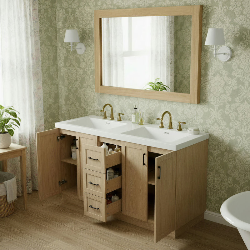 Meuble-lavabo double 59,3 po avec structure en bois massif et lavabo