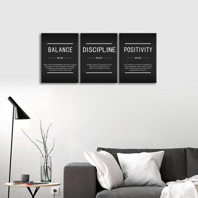 Art inspirant sur toile, équilibre, Discipline, Positivité, nom, peinture, bureau, inspiration, 3 pièces, affiches, impressions, image de motivation pour décoration murale, salon, salle de gym, encadré [H 36 po x l 16 po]