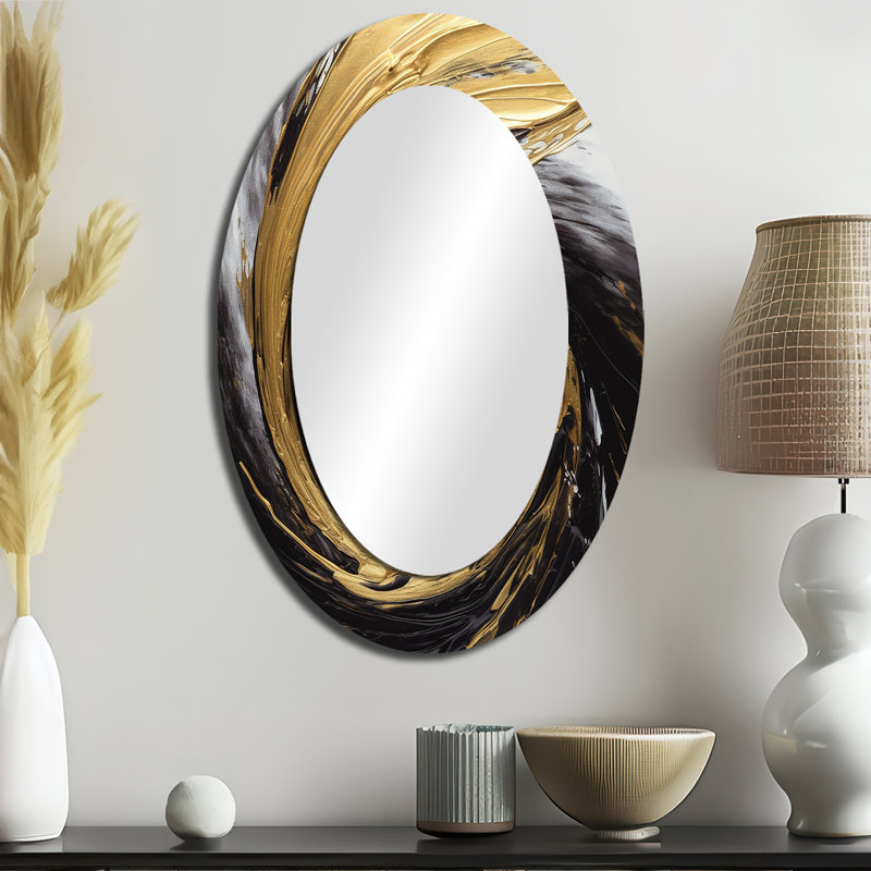 Waves Of Midnight Passion Abstract Black & Gold - Abstract Oval Decorative Mirror On Metal, 36" x 24"