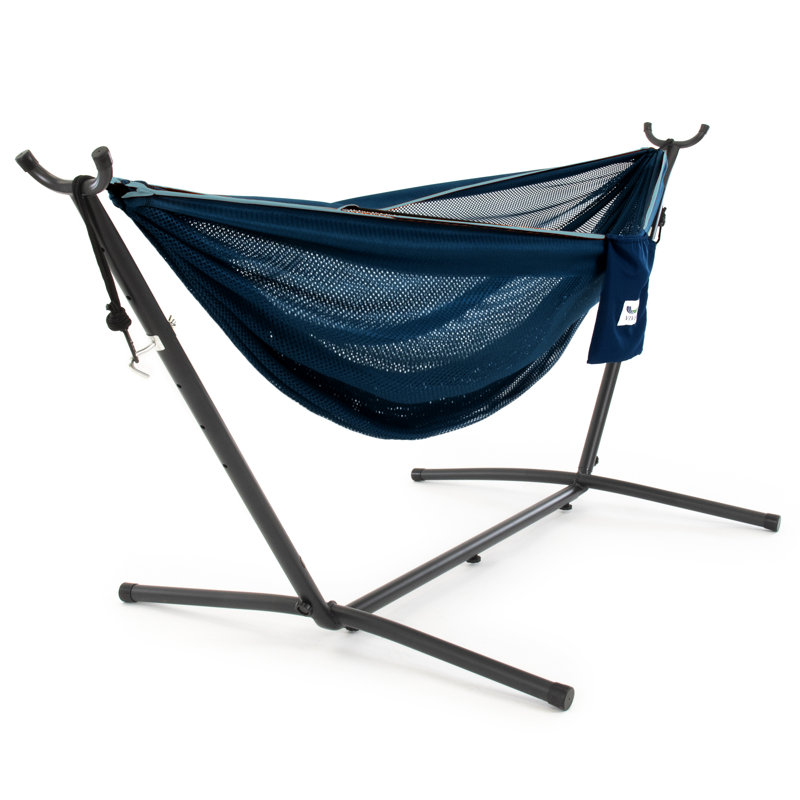 Vivere Goffe Double Classic Mesh Hammock with Stand and Carry Bag (400 lb Capacity), Navy/Turquoise