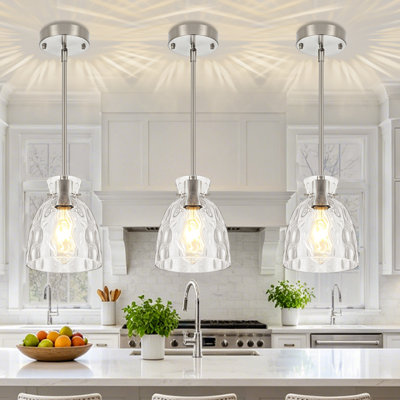 1 - Light Adjustable Pendant Light, Clear Hammered Bell Glass Shade Ceiling Hanging Fixture for Kitchen Island, Dining Room, Foyer, Bar Counter