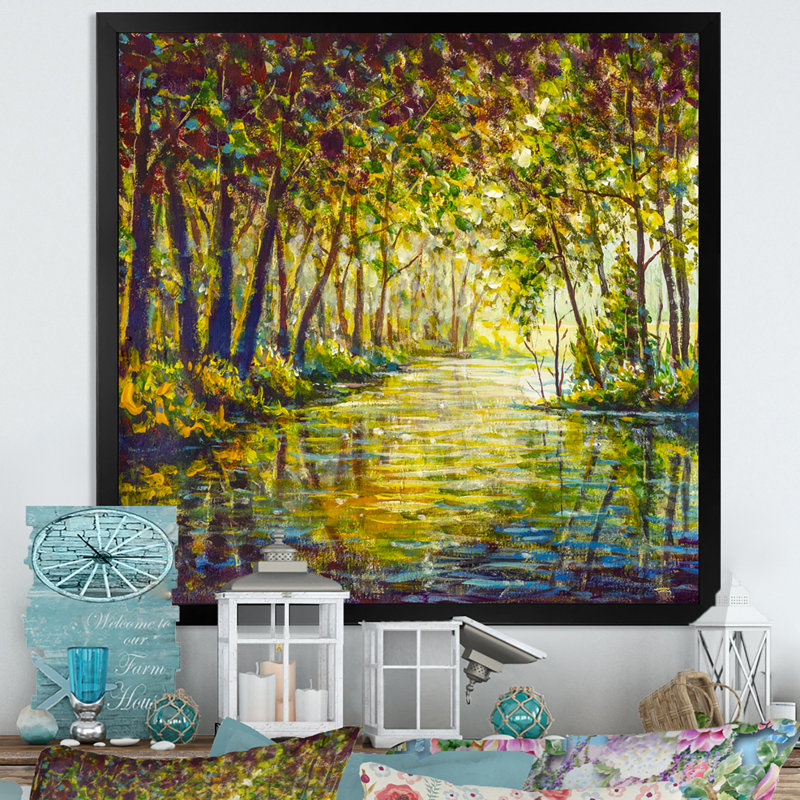 Sunny Autumn Forest River II - peinture, H 16 po x l 16 po x P 1 po, Cadre photo noir