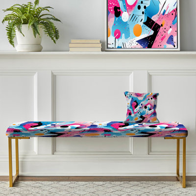 Pink And Blue Designer Waves - Geometric Upholstered Gold Bench