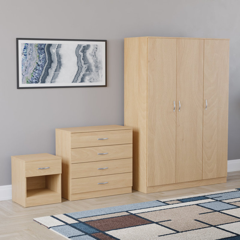 Maybery 3 Piece Bedroom Set (1 Drawer Bedside Chest, 4 Drawer Chest, 3 Door Wardrobe), (5), Pine