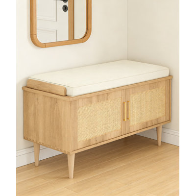 Rattan Entryway Bench With Cushion, 2-Tier Shoe Storage Organizer With Adjustable Shelf And Cabinet Doors, Solid Wood Frame For Hallway, Living Room, Or Bedroom