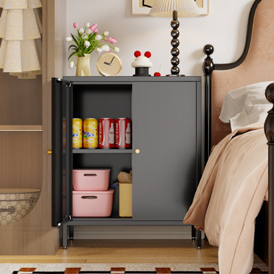 Small 2 Transparent Door Metal Storage Side Buffet Cabinet For Bed Room,Living Room,Entryway,Hallway,Home,Hotel,Office,Garage,Kitchen,4 Removable Shelf.