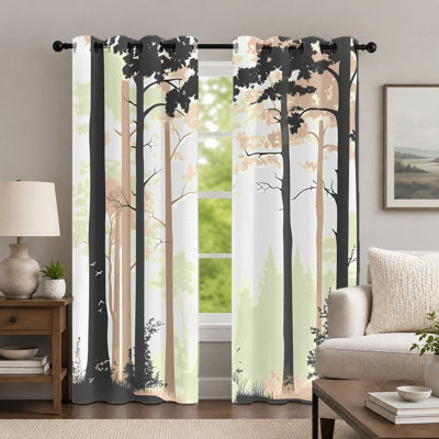 2 panneaux de rideaux à silhouette de forêt, drapé d'art inspiré de la nature, panneau de fenêtre à oeillets avec paysage de paysage boisé, décor de maison sereine pour le salon de la chambre à coucher