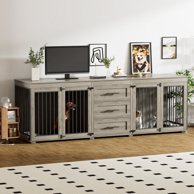 Cage pour chien en bois avec 3 tiroirs et 2 bols pour chien