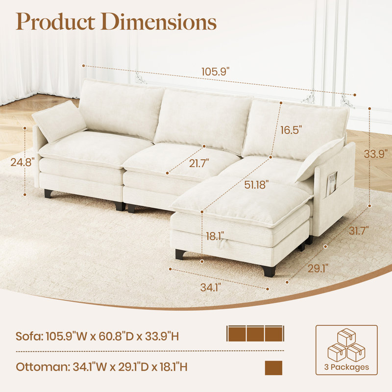 105.9'' Wide L-Shaped Comfy Cloud Couch - Chenille Upholstered 4-Seater Sofa for Your Living Room, Beige