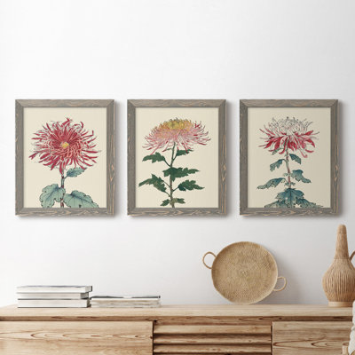 «Chrysanthemum Woodblock I», ensemble de 3 peintures sur toile encadrées