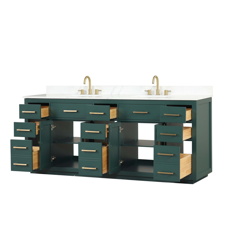 Green Solid Wood 84" Freestanding Double Sink Bathroom Vanity
