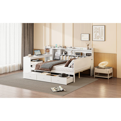 Lit de jour blanc avec 3 tiroirs et compartiments latéraux - Fabrication en pin pour chambre à coucher pleine grandeur en bois avec prises de courant