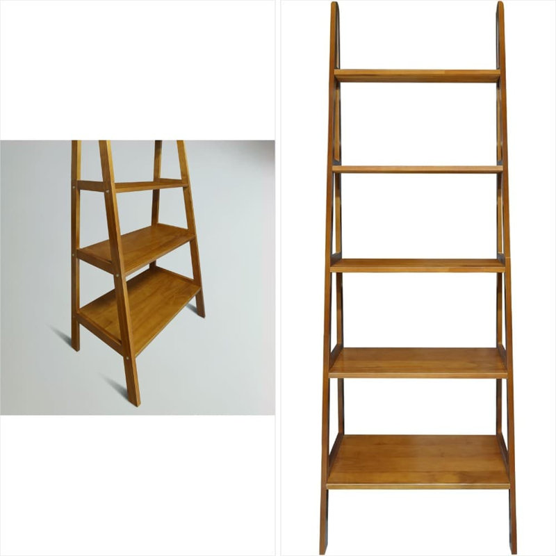 Bibliothèque échelle 100% bois massif à 5 tablettes, 72 pouces de hauteur, conception peu encombrante pour les livres, les objets de collection et la décoration intérieure, facile à assembler