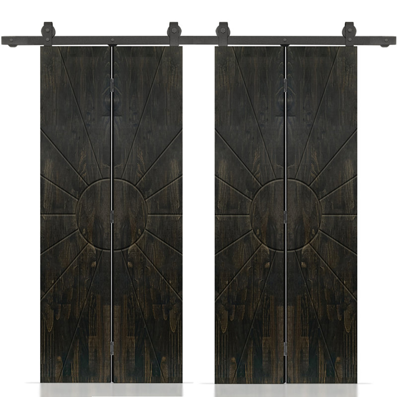 Porte de grange double pliante en bois de pin teinté avec quincaillerie coulissante, Noir anthracite, 56 po x 84 po