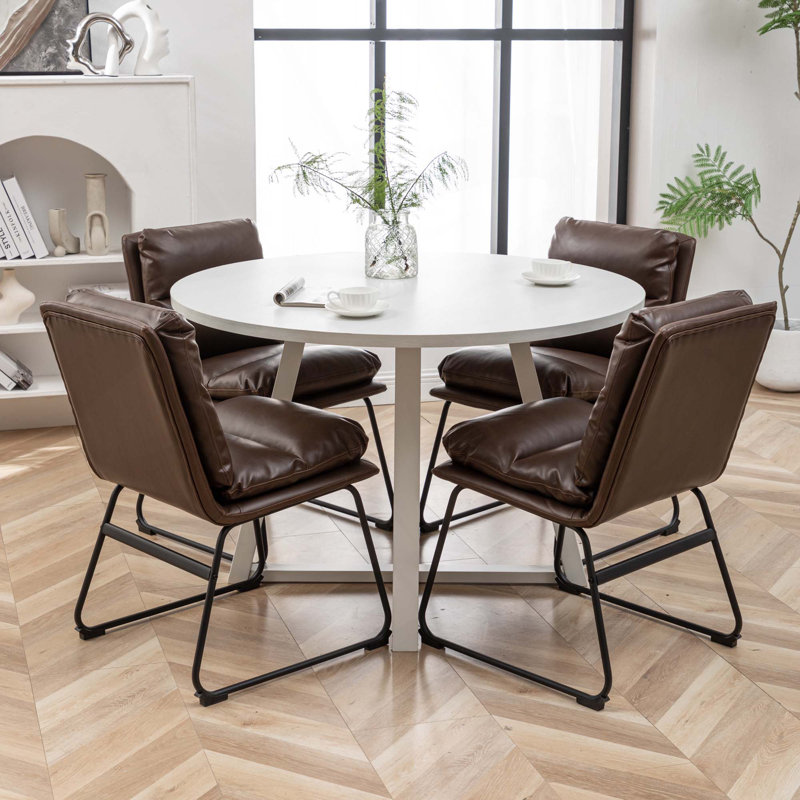 Ensemble de salle à manger 5 pièces à table ronde, table à manger à tréteaux et 4 chaises élégantes, Brun