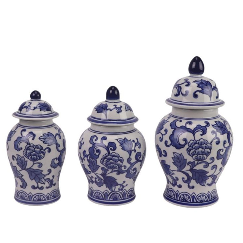 Set of 3 Floral Food Safe Jars, Blue/White