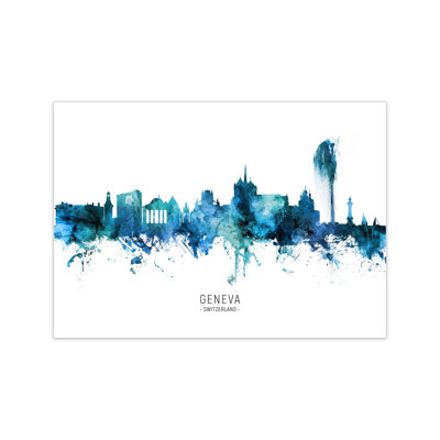 Geneva Switzerland Skyline Blue City Name by Michael Tompsett - Print