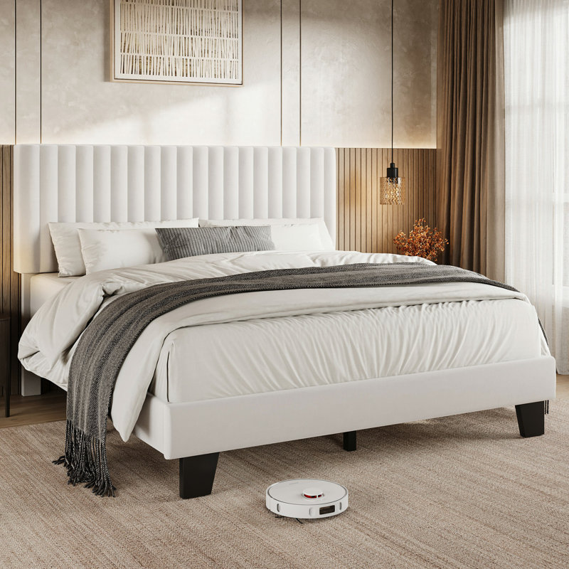  Structure de lit double, structure de lit plateforme en lin rembourré avec tête de lit en tissu, support de lattes en bois massif, silencieux, sans sommier, assemblage facile, blanc
