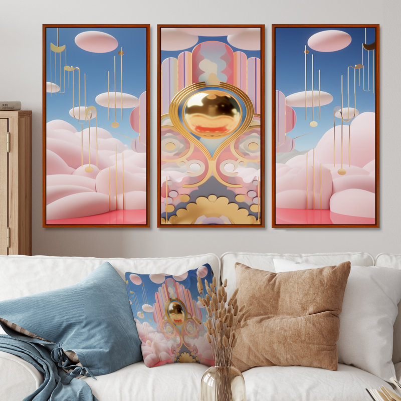 «Pink Cloud Magic Universe», ensemble de décoration murale paysage abstrait, H 40 po x l 60 po x P 1 po, Cadre flottant brun