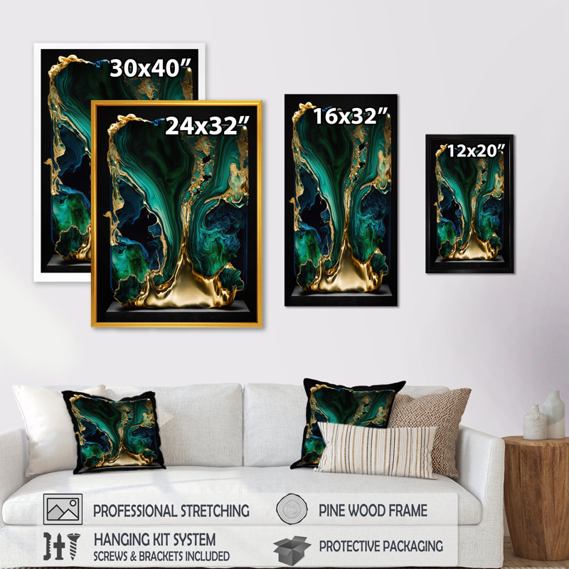 Géode abstraite marbre vert et bleu I - art mural abstrait en marbre, L 24 po x H 32 po, Toile avec cadre flottant noir