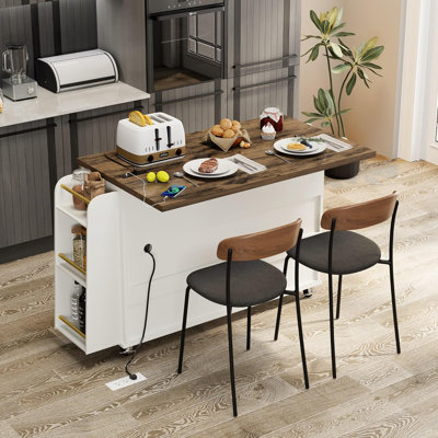 60.2" Rolling Kitchen Island with Power Outlets, Drop-Leaf Countertop, Spice & Towel Rack, Knife Holder, and Hidden Trash Storage Cabinet