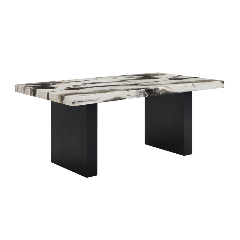 Table de salle à manger rectangulaire contemporaine, plateau en faux marbre frappant, pieds noirs élégants, contraste audacieux (blanc / beige / brun)