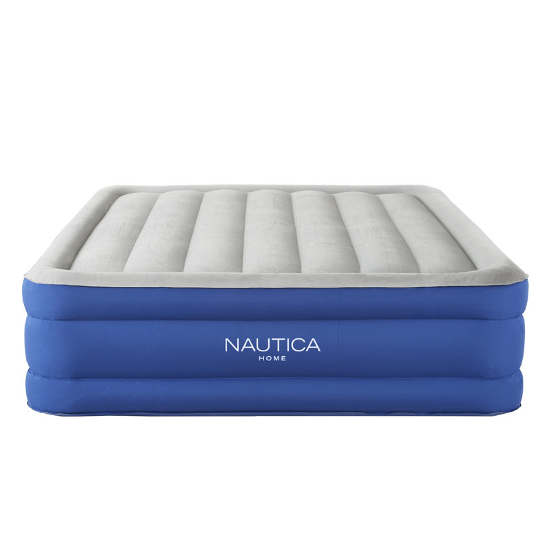 Queen Size Blue and White Inflatable Air Mattress with Built-in Pump