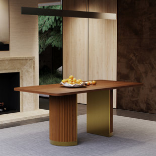 70 Inch Walnut Solid Wood Dining Table With Fluted Design And Brushed Base