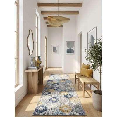 Tapis abstrait bleu / jaune moutarde Kymiere
