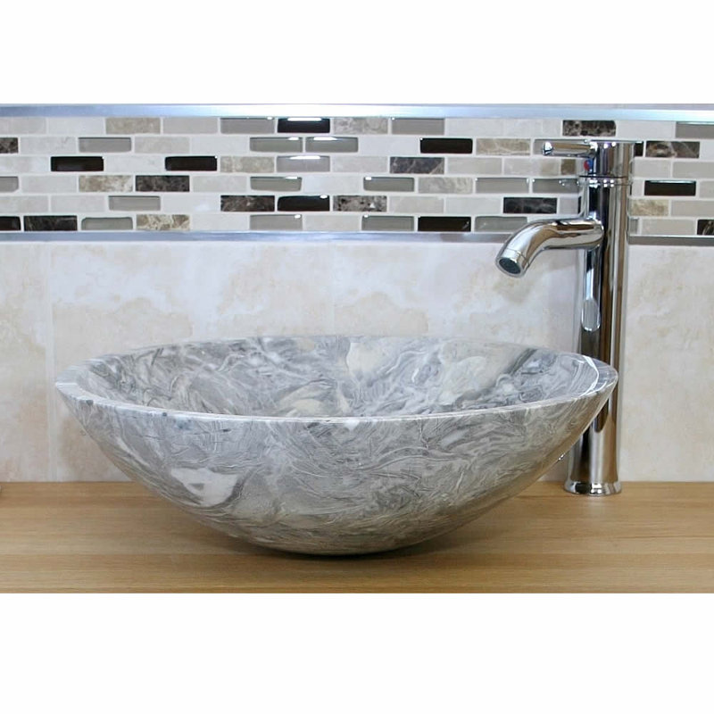 Belfry Bathroom Berrin 430mm L x 430mm W Stone Round Sink with Tap, Grey Marble