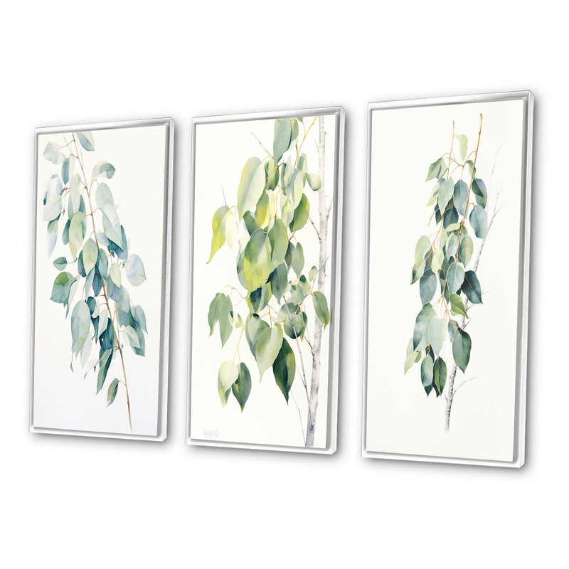 «Green White Minimalisme Eucalyptus Essence II», 3 pièces sur toile, Cadre flottant blanc, H 20 po x l 36 po
