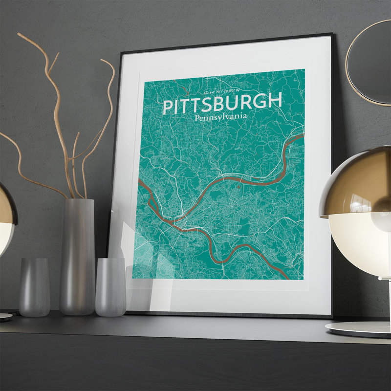 Pittsburgh City Map, impression, H 20 po x l 16 po, Vert / Brun