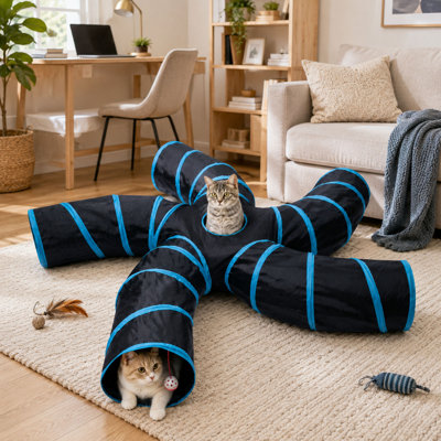Large 5-Way S-Shaped Collapsible Cat Tunnel with Play Ball