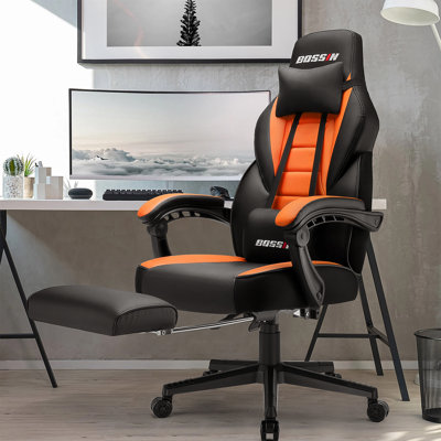 BOSSIN Adjustable Reclining Ergonomic Faux Leather Swiveling PC & Racing Game Chair with Footrest in Orange