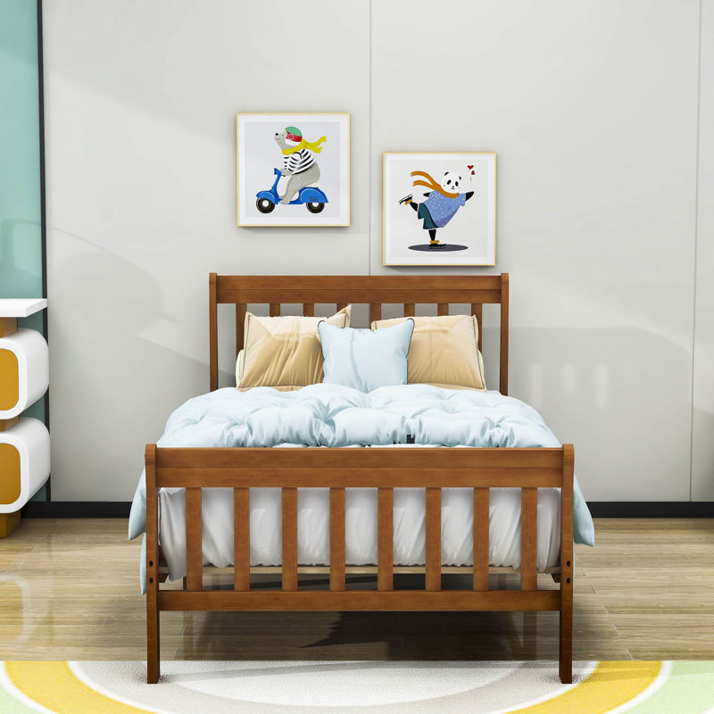 Dicky Twin Size Wooden Platform Bed with Headboard, Walnut
