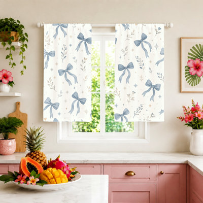2Pcs Blue Bow Print Curtains for Bedroom, Light Filtering Fabric, Cute and Dreamy Design, Privacy Protection, Rod Pocket Style, Home Decoration