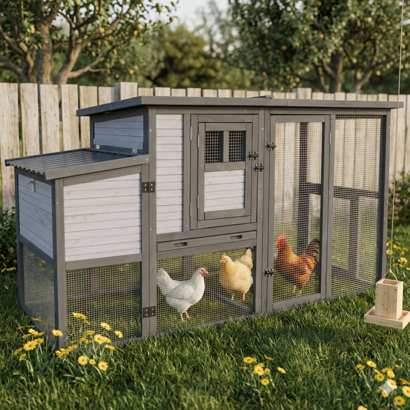 Grand poulailler de 79 pouces avec perchoirs améliorés, enclos extérieur en bois avec compartiment de nidification spacieux, toit en asphalte ouvert résistant aux intempéries et base amovible - convient aux canards et aux lapins