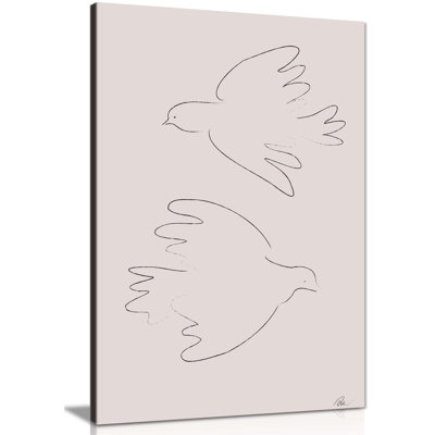Doves Line Art In Beige Background - Wrapped Canvas Painting