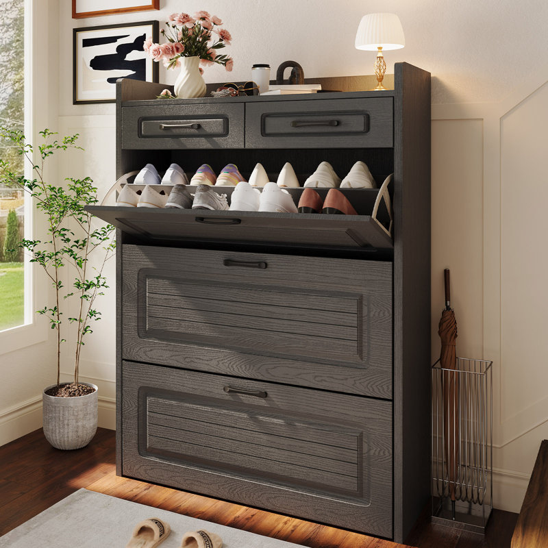 Shoe Cabinet for Entryway, Narrow Shoe Storage Cabinet with 3 Flip Drawers and 2 Top Drawers, Modern Shoe Rack Organizer Cabinet for Hallway, Apartment, Living Room, White