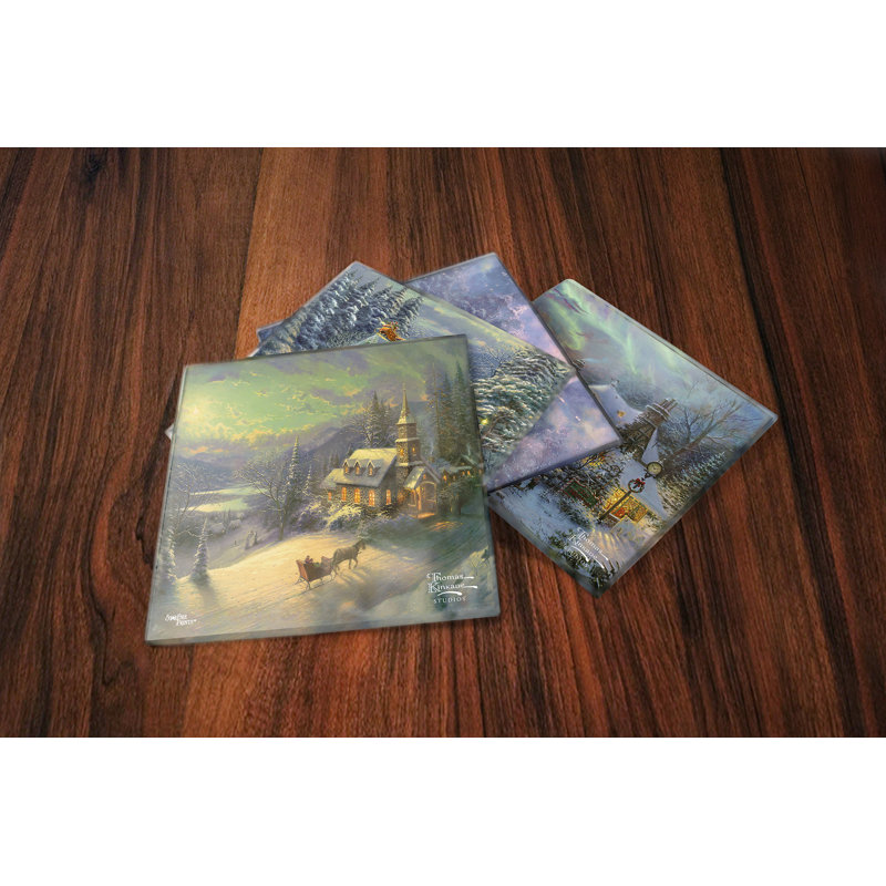 (Symboles) Ensemble de sous-verres en verre Starfire, Thomas Kinkade / Collection Noël 2021