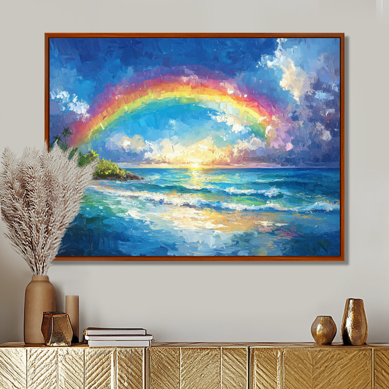 Arc-en-ciel dans les îles tropicales - art mural arc-en-ciel, H 16 po x l 32 po, Cadre flottant brun